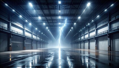Dramatic Lightning Strikes in a Misty Industrial Warehouse Interior