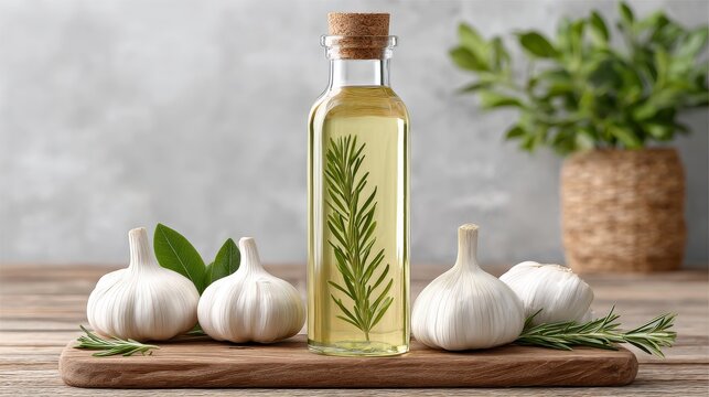 Preparing healthy garlic-infused oil with fresh raw garlic bulbs in a bakery kitchen setting for delicious culinary ingredients