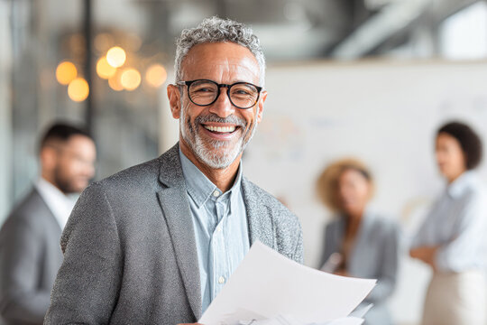A smiling middle-aged man in glasses holds documents in a modern office, with blurred colleagues working in the background. - Powered by Adobe