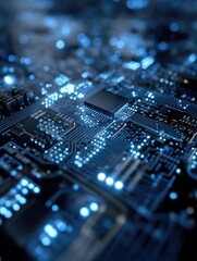 Blue glowing circuit board with microchip and electronic circuitry: futuristic technology background for data innovation, digital engineering, and high - tech hardware design