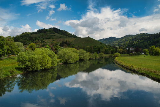 Photo taken on the bridge over the Kinzig River as it winds through the valley near the town of Gengenbach in Germany's Central Black Forest.