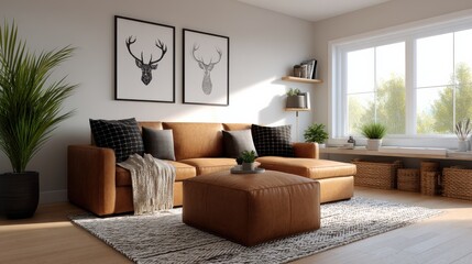 Modern living room with a brown leather sectional sofa, patterned cushions, framed deer art, and natural light from large windows highlighting cozy decor.