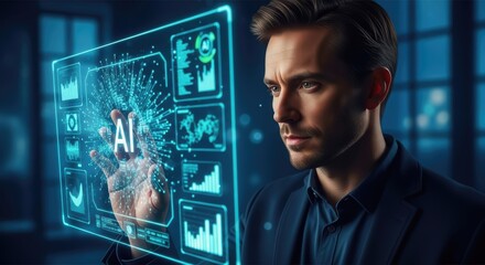 A man intently looks at a holographic screen displaying "AI" and various charts and data.