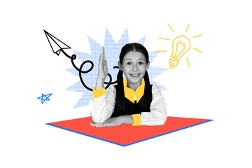 Trendy art creative full pop photo collage of happy schoolgirl sit classroom desk hold hand answer...