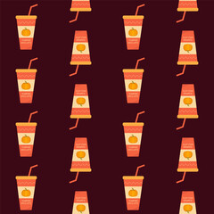 Seamless pattern with paper cup of pumpkin latte. Vector illustration