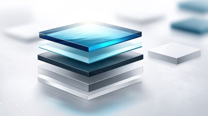 A 3D digital illustration of layered, transparent, and reflective glass or acrylic plates stacked with a glowing light effect.