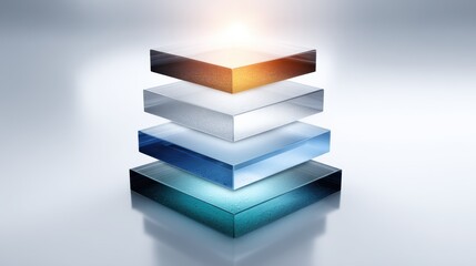 A digital 3D illustration of four layered transparent and metallic blocks stacked with a glowing light at the top, symbolizing data or technology layers.