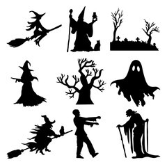 Halloween Silhouettes Set – Witch, Zombie, Ghost, and Spooky Trees