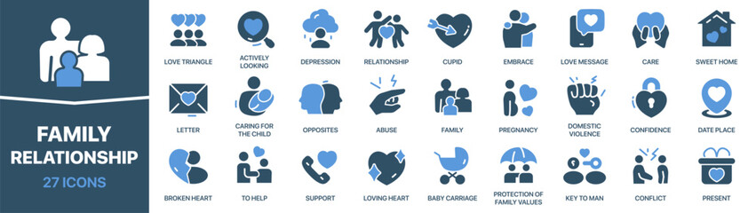 Family and relationship colored signed icon collection. Set of fill Family and relationship icons. UI icon set. Colored icons pack. Vector illustration