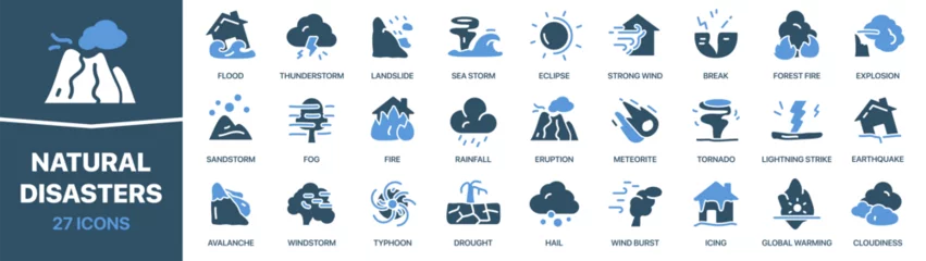 Fotobehang Natural disasters colored signed icon collection. Set of fill Natural disasters icons. UI icon set. Colored icons pack. Vector illustration © stas111