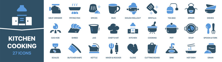 Kitchen and cooking colored signed icon collection. Set of fill Kitchen and cooking icons. UI icon set. Colored icons pack. Vector illustration