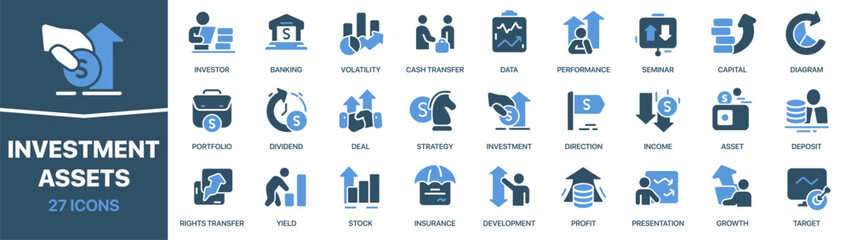 Investment and assets colored signed icon collection. Set of fill Investment and assets icons. UI icon set. Colored icons pack. Vector illustration