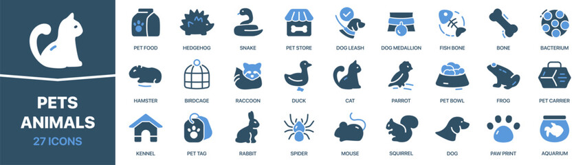 Pets and animals colored signed icon collection. Set of fill Pets and animals icons. UI icon set. Colored icons pack. Vector illustration