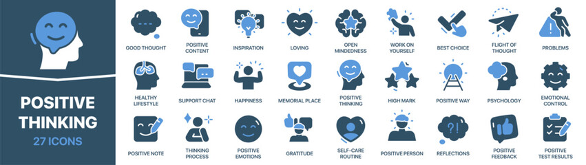 Positive thinking colored signed icon collection. Set of fill Positive thinking icons. UI icon set. Colored icons pack. Vector illustration