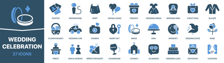 Wedding celebration colored signed icon collection. Set of fill Wedding celebration icons. UI icon set. Colored icons pack. Vector illustration