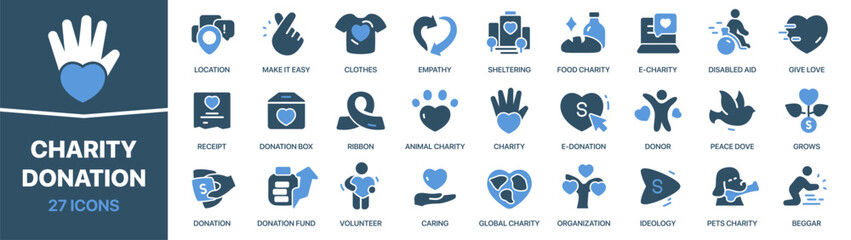 Charity and donation colored signed icon collection. Set of fill Charity and donation icons. UI icon set. Colored icons pack. Vector illustration