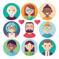 A set of community and people icons in different styles and colors, ideal for web design, mobile apps, or print media. The icons include diverse faces, hands, hearts, and more. 
