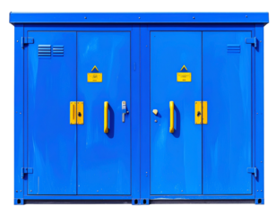 Vibrant blue electrical cabinet with yellow handles and warning signs stands against transparency background