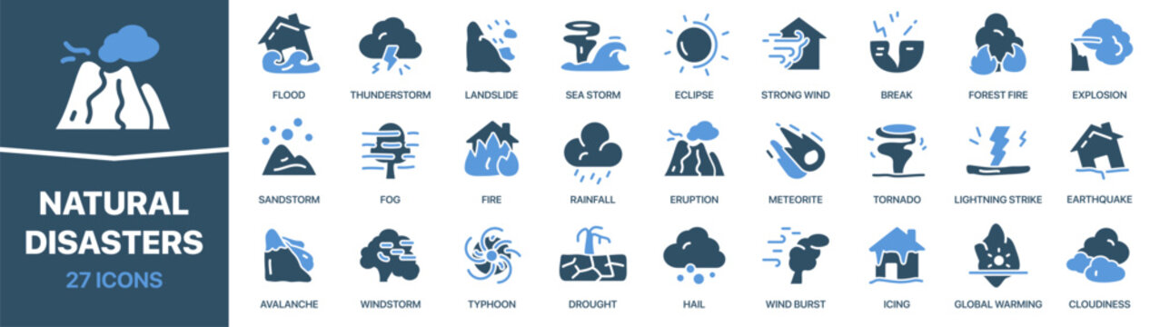 Natural disasters colored signed icon collection. Set of fill Natural disasters icons. UI icon set. Colored icons pack. Vector illustration