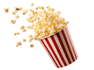   popcorn in a red and white striped bucket explodin isolated on white background PNG, AI GENERATED