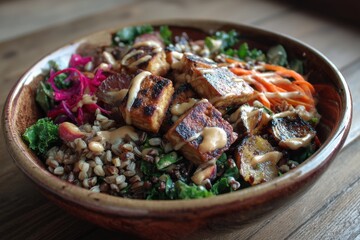Fototapeta premium Tempeh Bowl mit Gemüse Vollkorn vegan proteinreich gesunde Bowl Mahlzeit Topping Tempeh asiatisch inspiriert Clean Eating Bowl pflanzlich Ernährung Bowlgericht bunt serviert
