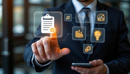 a businessman in a dark suit is interacting with a futuristic virtual interface