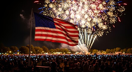 Celebrating Independence Day Fireworks with American Flag and Cheering Crowd