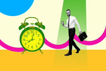 Contemporary art pop image collage of happy business girl guy stand deadline clock expire limit...