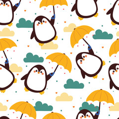 cute hand drawing cartoon penguin with yellow umbrella and blue clouds seamless pattern. cute animal pattern in white background for gift wrap paper and wallpaper