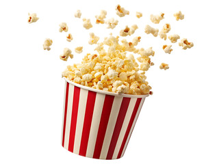 popcorn in a red and white striped bucket explodin isolated on white background PNG, AI GENERATED
