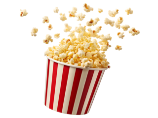   popcorn in a red and white striped bucket explodin isolated on white background PNG, AI GENERATED