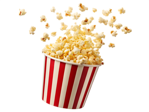   popcorn in a red and white striped bucket explodin isolated on white background PNG, AI GENERATED