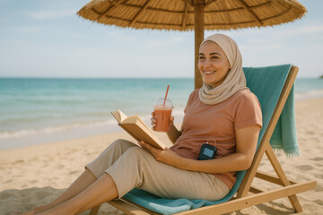 Muslim woman reading on beach with medical device