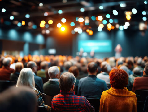 Large audience attending professional conference in modern hall