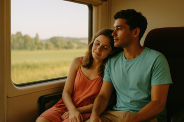 Young couple relaxing while traveling by train and looking out window