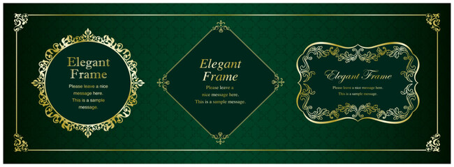 高級感のあるエレガンスなフレームセット、飾り罫、装飾デザイン、上品な背景、金、ゴールド、グリーン