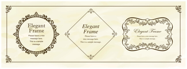 高級感のあるエレガンスなフレームセット、飾り罫、装飾デザイン、上品なあしらい、ブラウン