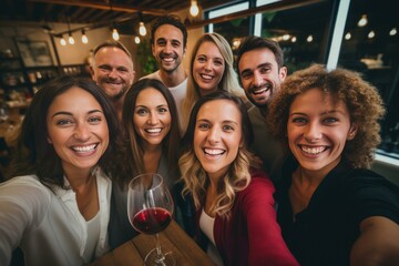 Group of cheerful millennial friends taking a selfie while drinking wine at a restaurant