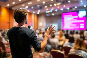 Man addressing crowd with microphone during Q&A discussion