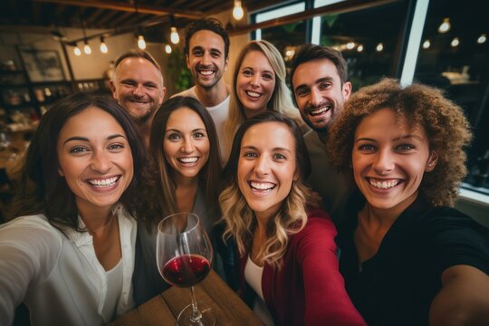 Group of cheerful millennial friends taking a selfie while drinking wine at a restaurant