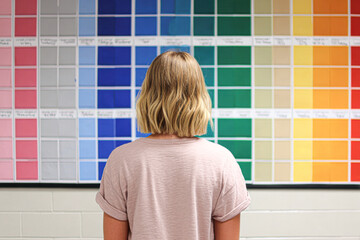 A person with short blond hair stands facing a colorful wall of paint swatches arranged by hues and shades.