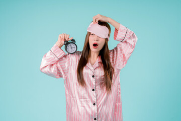 Asian Awake Wake Up Morning Sleep Tired Watch Lady Woman, A Pretty Young Female Holding Alarm Clock...