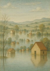 Obraz premium Surreal flooded landscape with houses.
