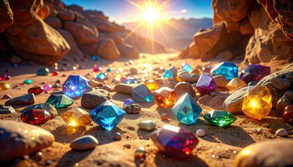 Fototapeta premium Mystical Treasure Gems Hidden in Desert Tomb with Sparkling Flare