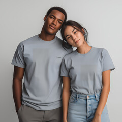 Fototapeta premium Couple Wearing Light Gray T-Shirts for Mockup