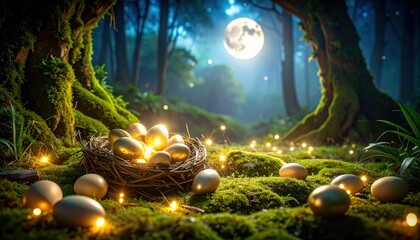 Mystical Jungle Ruins with Golden Dragon Eggs Under Moonlight