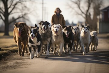 Professional dog walker walking a pack of dogs on a rural road