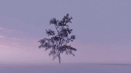 Peaceful Minimalist Scenery with Fog, Mountains, and a Lone Tree