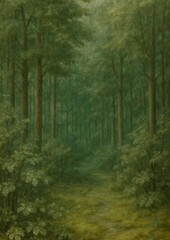 Obraz premium Serene forest path, lush greenery.