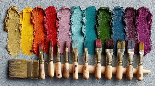 Various brushes lined up against colorful oil paint swatches on grey background showing the artistry of painting, drawing and visual expression - Powered by Adobe